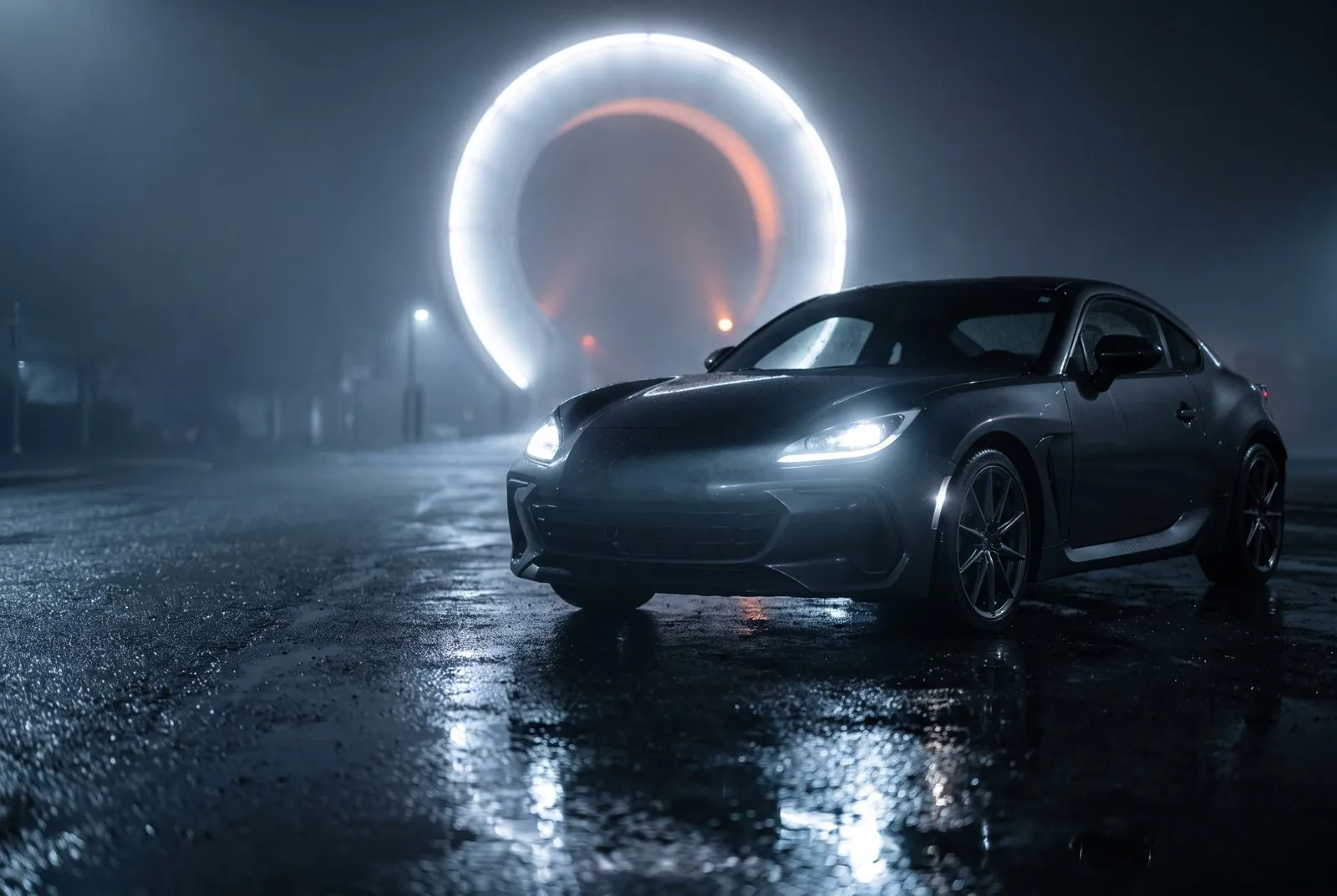 Car at night with headlights on