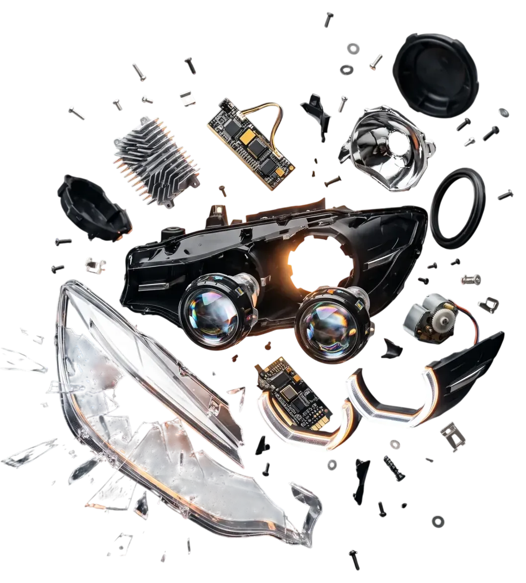 Headlight components, disassembled